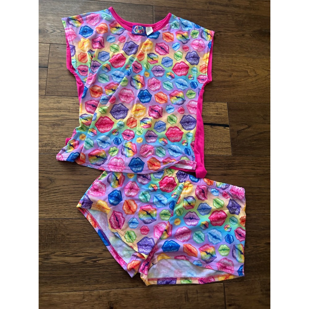Y2K Lisa Frank Rainbow Lip Print Pajama Set  Pink Shorts Top 2 Piece Sleepwear L